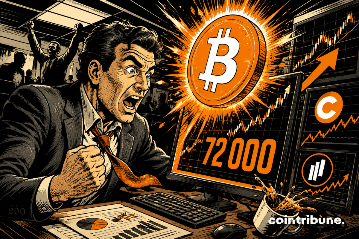 Bitcoin atteint 72 000 $, tandis qu’un trader euphorique découvre l’envolée spectaculaire du marché dans une salle de trading sous tension.