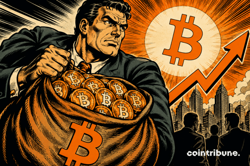 1970s comic book illustration: A financial whale hoards bitcoins in a huge bag, while a bullish arrow towers over an urban skyline.