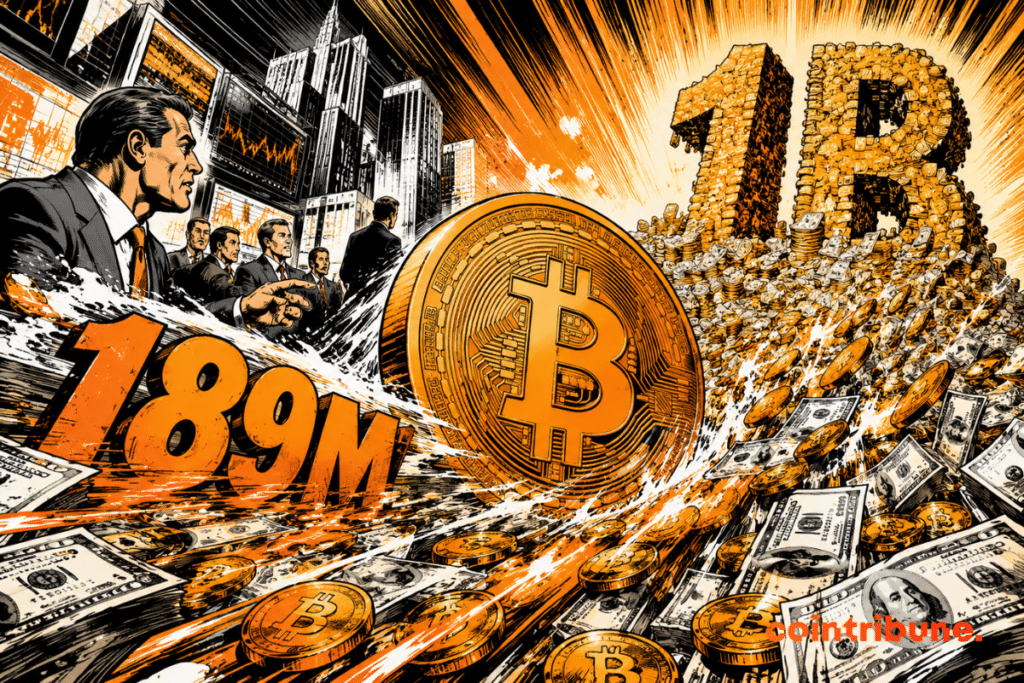 A wave of capital is flooding into Bitcoin, driven by ETFs, while 189M and 1B symbolize the spectacular influx.