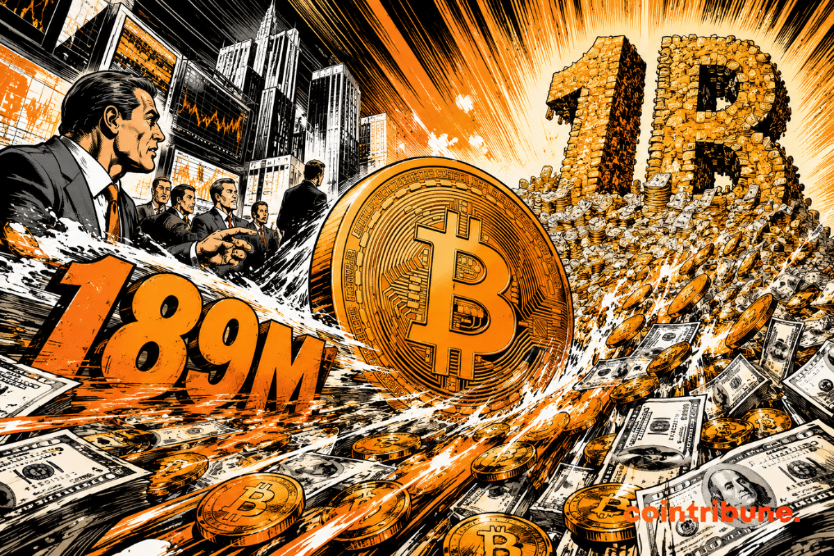 A wave of capital is flooding into Bitcoin, driven by ETFs, while 189M and 1B symbolize the spectacular influx.