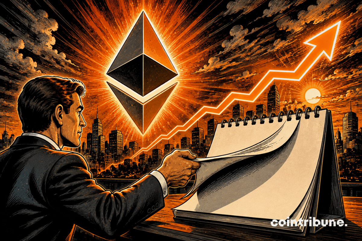Illustration comics rétro montrant Ethereum porté par une forte dynamique haussière, tandis que les investisseurs anticipent la poursuite du mouvement.