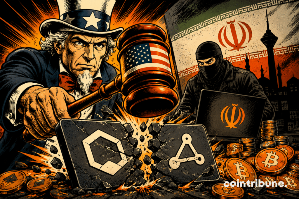Les États-Unis frappent deux plateformes crypto liées à l’Iran, symbolisant sanctions, cybermenaces, Bitcoin et tensions géopolitiques croissantes.