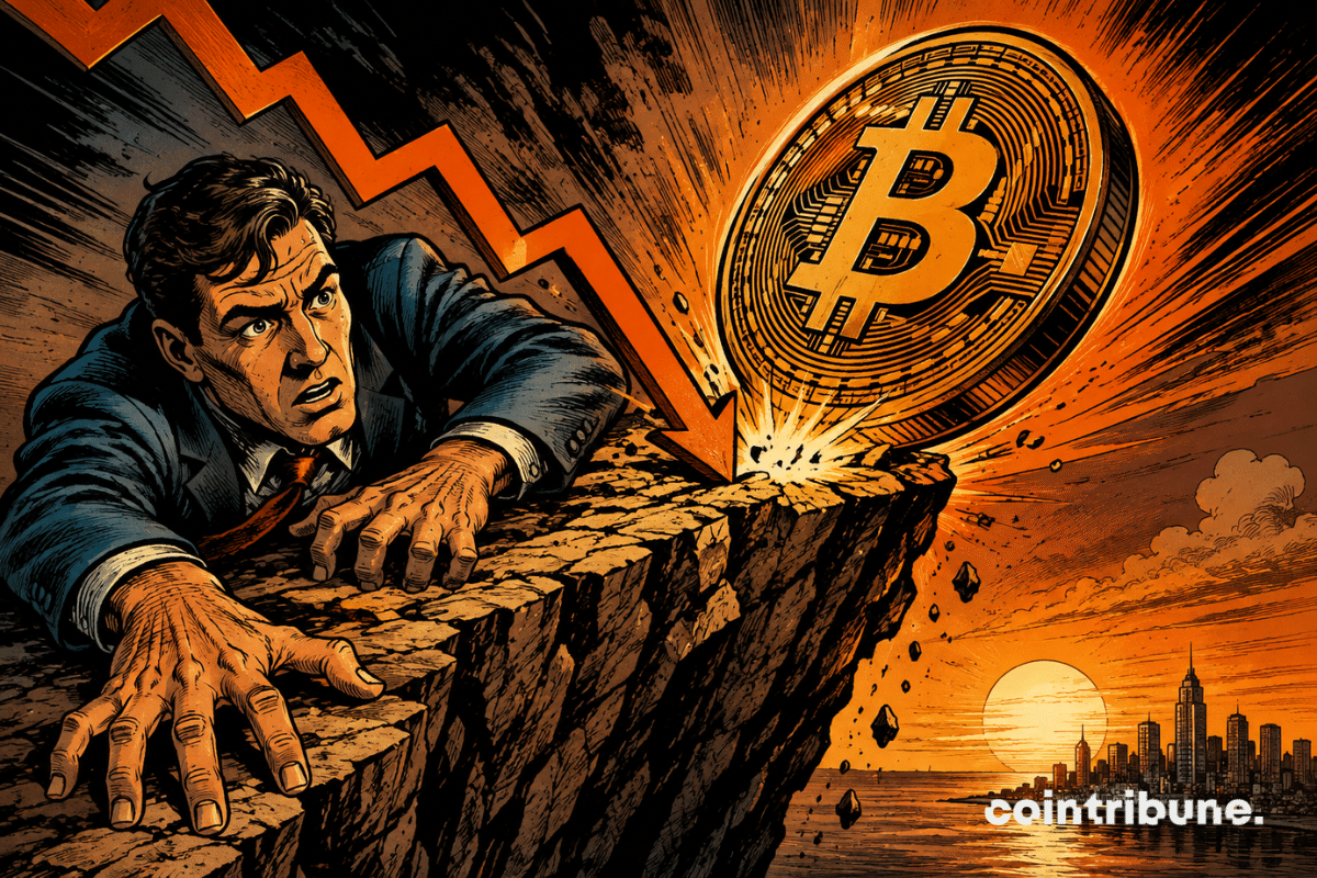 Illustration d'un investisseur suspendu au bord d'une falaise tandis qu'une pièce de Bitcoin percute le sol, symbolisant la recherche d'un plancher de marché.