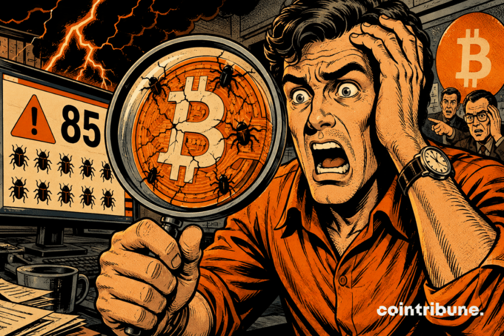 A vintage comic-style illustration depicting a panicked developer discovering 85 critical bugs threatening Bitcoin, set against a dramatic, electric, and unsettling atmosphere.