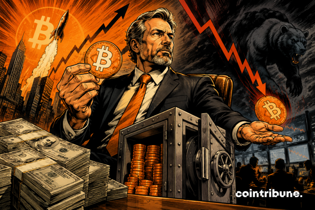 Illustration de Strategy et Michael Saylor avec des bitcoins devant un coffre-fort, alors que l’entreprise conserve 4,8 milliards de dollars en liquidités.