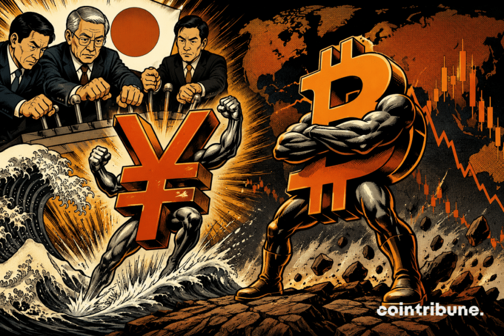 Illustration représentant une confrontation symbolique entre le yen japonais et le bitcoin après une intervention monétaire du Japon et des États-Unis sur le marché des changes.