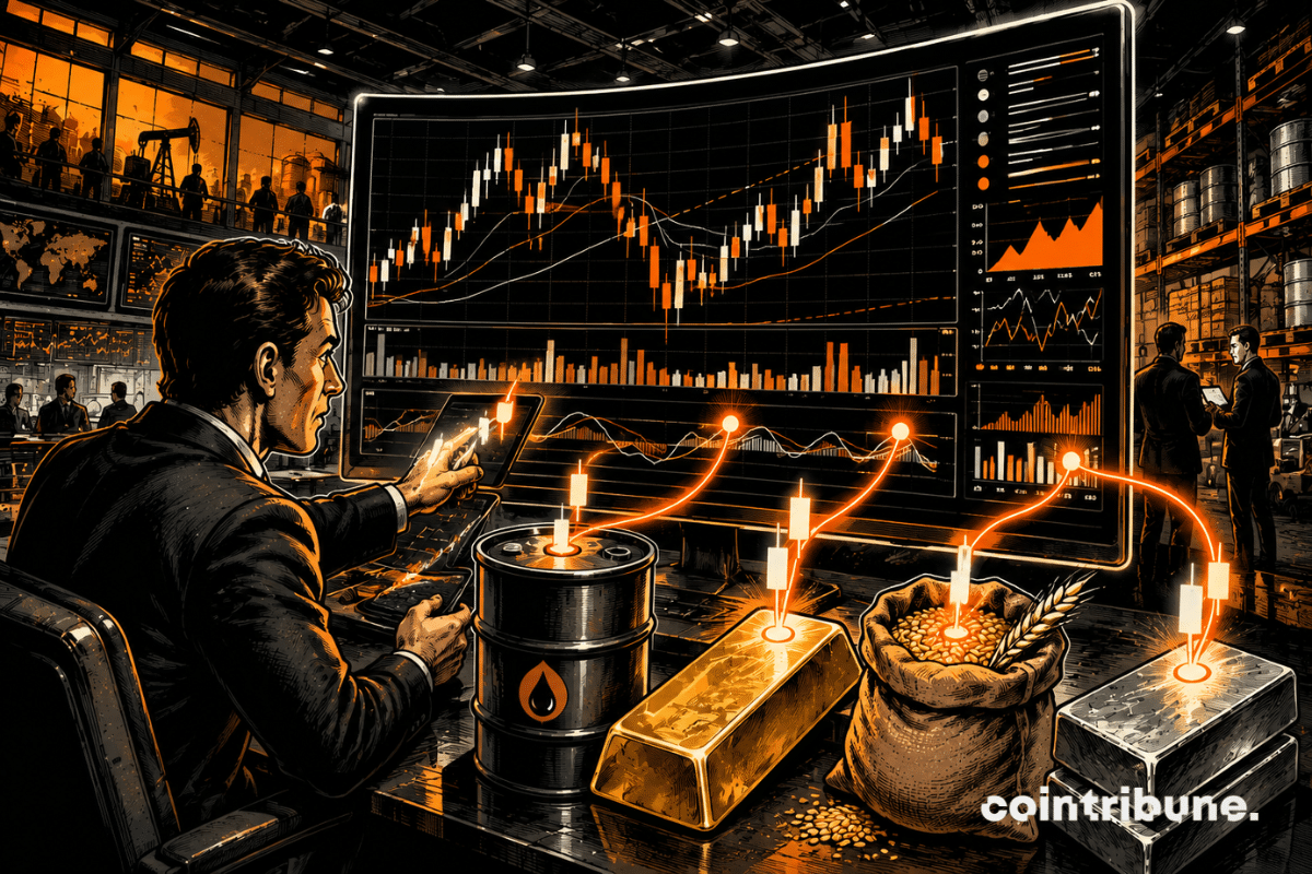 A Bitcoin coin crosses a glowing cross-chain bridge toward a DeFi yield garden, guided by an oracle-like tower.