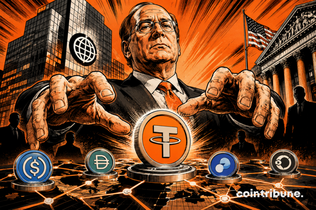 Un dirigeant domine un réseau de stablecoins, symbolisant l'ambition de BlackRock d'influencer l'écosystème financier numérique avec puissance, stratégie et contrôle.