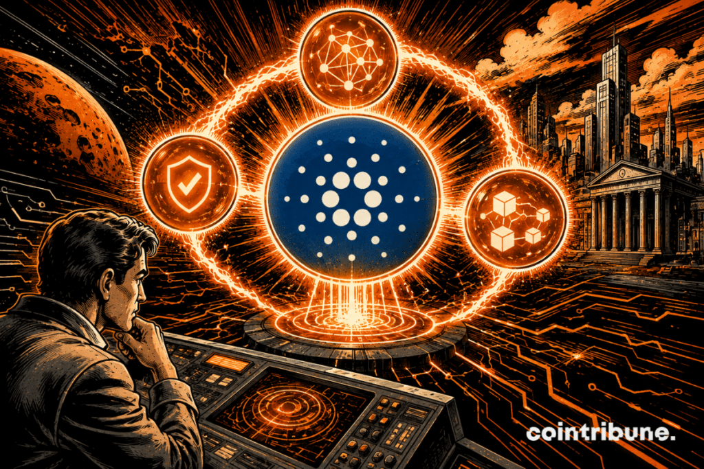 A retro comic-style illustration showing Cardano preparing for its next hard fork, featuring three major innovations that symbolize the network's evolution and strengthening.