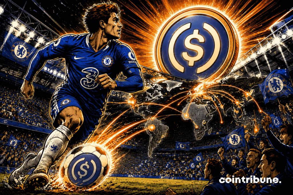Chelsea becomes a global showcase, as a player propels a soccer ball—transformed into a glowing USDC symbol—into the stadium’s spotlight.