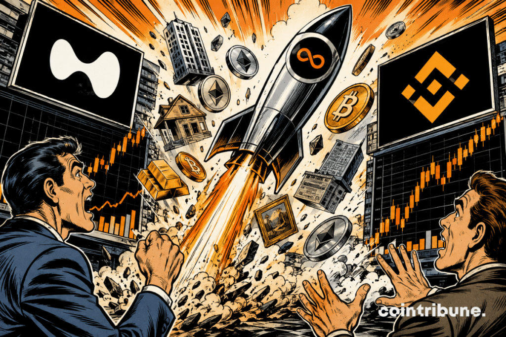 Illustration montrant la forte croissance des contrats perpétuels sur actifs tokenisés avec Hyperliquid et Binance, au milieu de symboles représentant le Bitcoin, l'Ethereum, les actions et les matières premières.