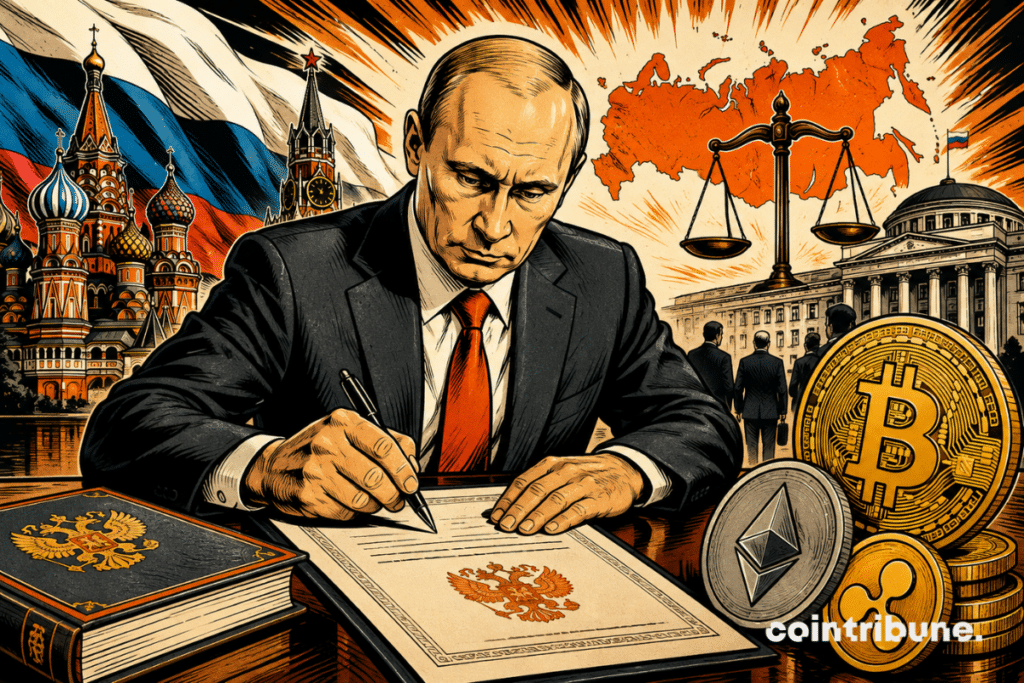 Illustration of Russia signing a new cryptocurrency law, featuring Vladimir Putin, Bitcoin, Ethereum, and symbols representing the new regulatory framework.