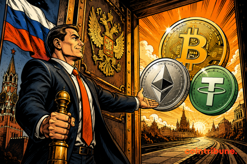 Illustration de la Russie ouvrant la porte à la crypto avec Bitcoin, Ethereum et USDT devant le paysage de Moscou. Illustration de la Russie ouvrant la porte à la crypto avec Bitcoin, Ethereum et USDT devant le paysage de Moscou.