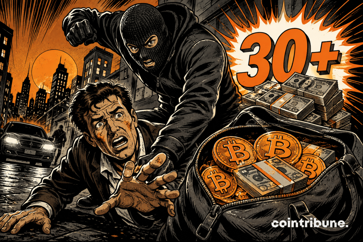 Illustration of a physical attack targeting a cryptocurrency holder, featuring a masked assailant, Bitcoin coins, and stacks of cash symbolizing more than $30 million stolen in 2026.