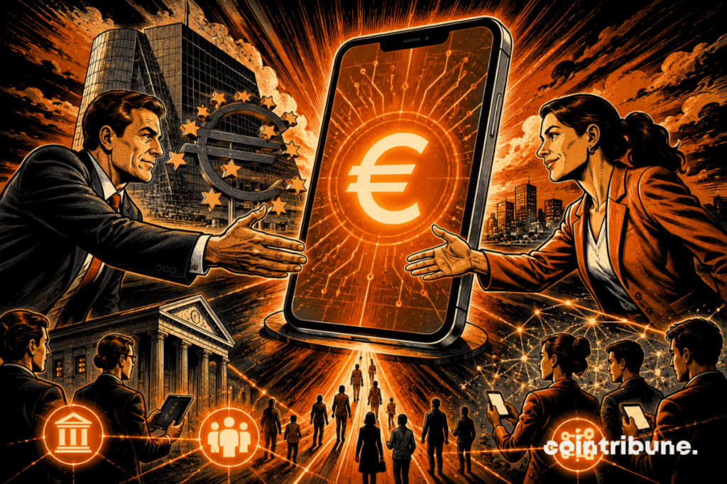 Illustration comics rétro montrant banques et fintechs convergeant vers l'euro numérique, autour d'une application pensée pour une adoption accessible.
