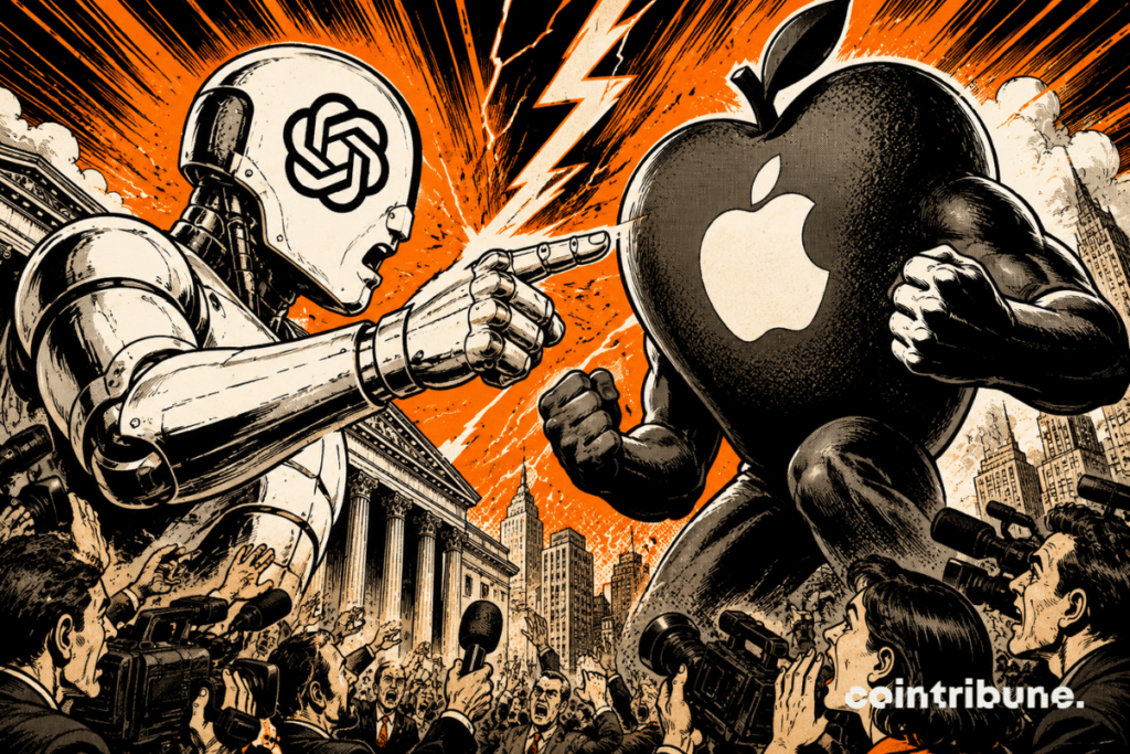 A 1970s comic book illustration depicting OpenAI and Apple in a spectacular public showdown, watched by the media and a captivated AI crowd.