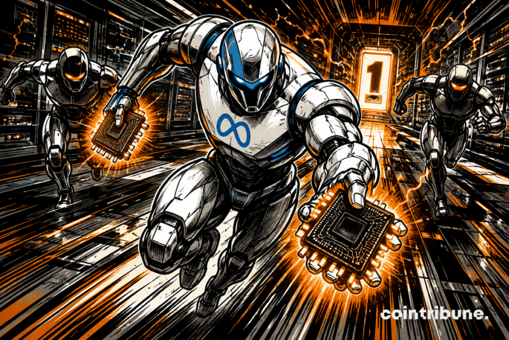 Robot inspiré de Meta sprintant dans un datacenter futuriste, poursuivi par deux concurrents, puces lumineuses en main, style comics années 70 dynamique.