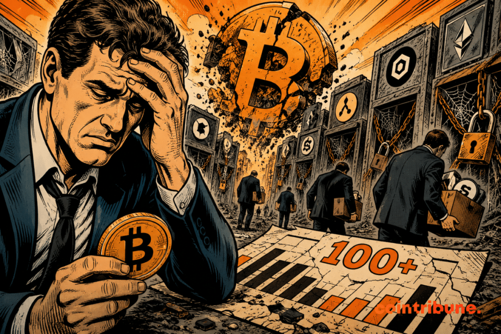 Illustration showing more than 100 crypto projects at risk of shutting down in 2026, with companies leaving a market marked by losses and consolidation.
