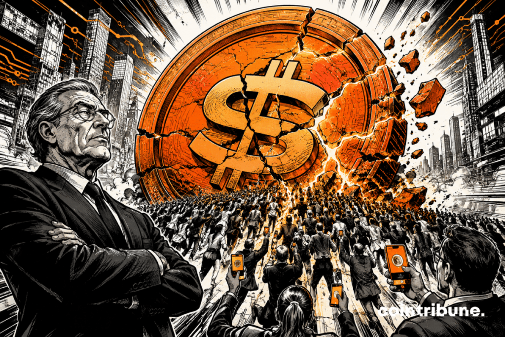 A gigantic, cracked digital structure collapses under the pressure of a crowd, while a banker watches the scene skeptically.