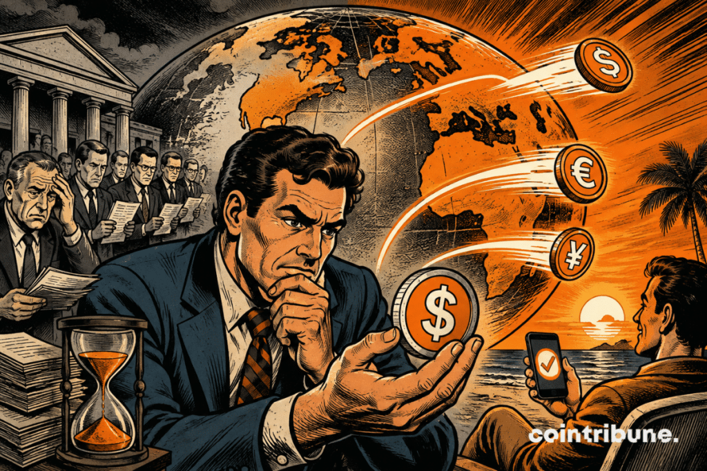 Illustration depicting an international stablecoin transfer, featuring fiat currencies, a world map, and financial infrastructure symbolizing the challenges of cross-border payments.