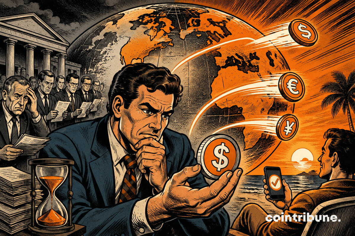Illustration représentant un transfert international en stablecoins, avec des devises fiduciaires, une carte du monde et des infrastructures financières symbolisant les défis des paiements transfrontaliers.