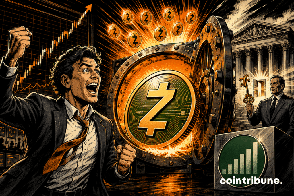 Zcash surges to an all-time high as a vault opens, symbolizing the imminent launch of the Grayscale ETF and the influx of investors.
