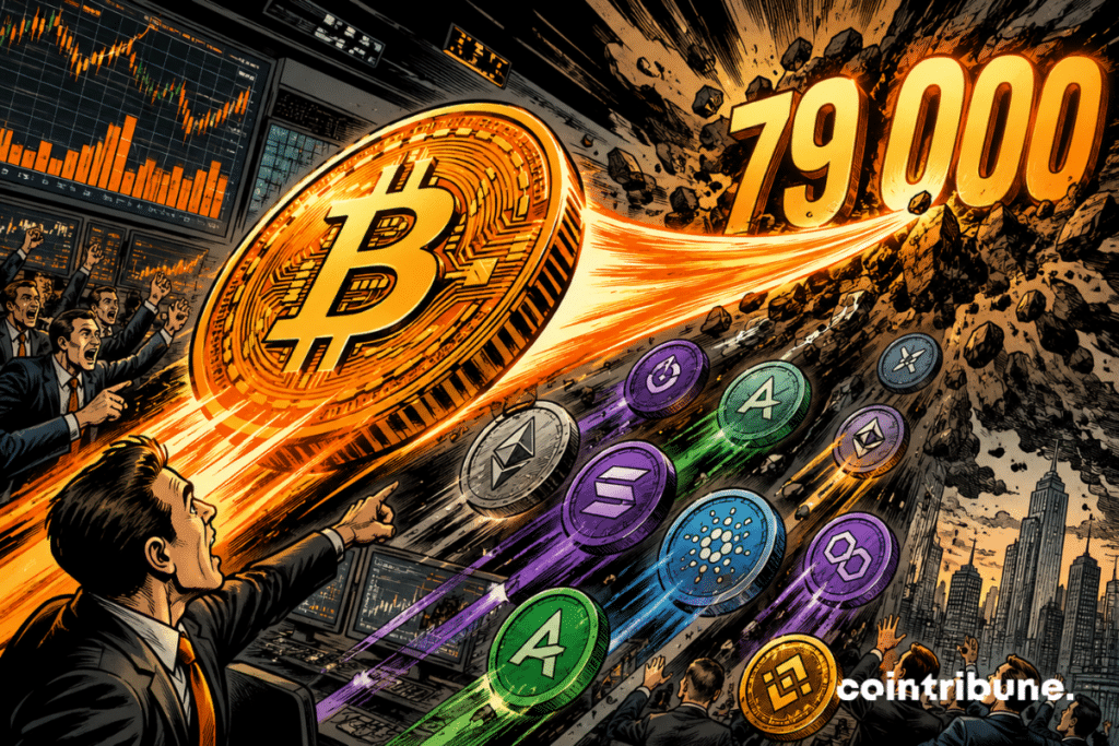 A giant Bitcoin surges toward 79,000 as several altcoins rise in its wake.