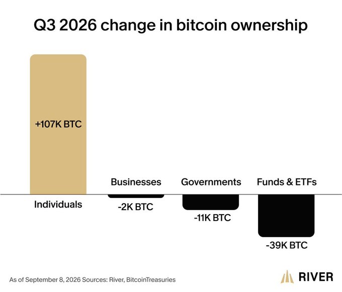 Au troisième trimestre 2026, les particuliers ont accumulé près de 107 000 BTC supplémentaires et sur la même période, les fonds et ETF ont réduit leurs positions de 39 000 BTC, les gouvernements de 11 000 BTC, et les entreprises de 2 000 BTC.