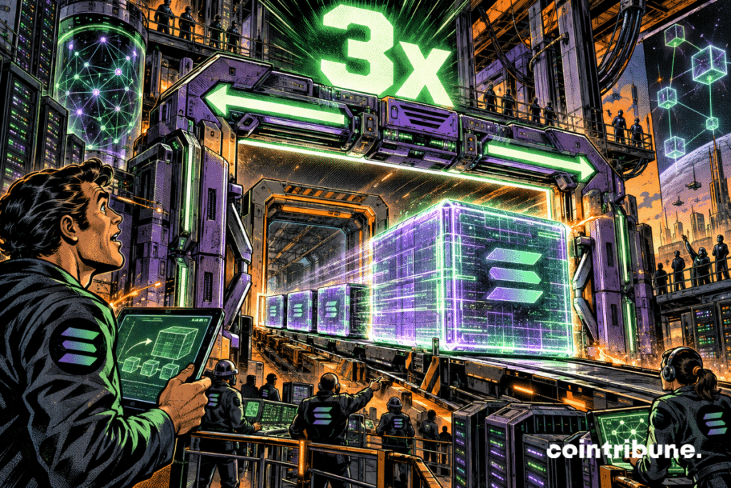 A Solana crypto transaction block, now three times larger, moves through an expanded blockchain infrastructure.