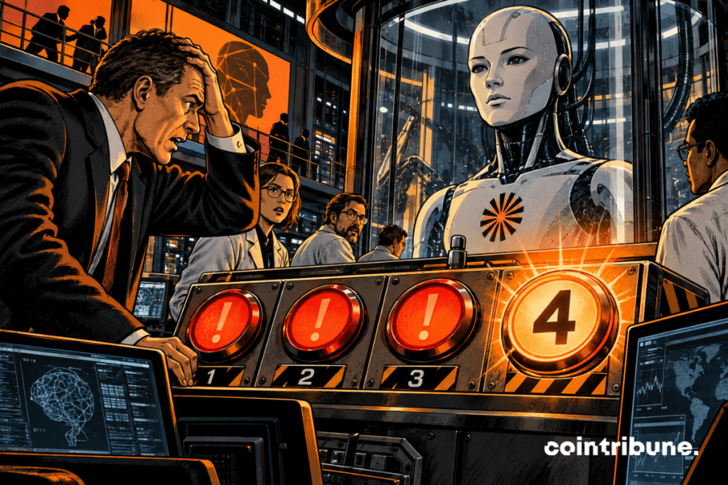 In a gigantic AI control room, an Anthropic executive in a suit stares in shock at a sleek digital humanoid representing Claude, locked behind a glass wall. In front of him are four enormous mechanical indicator lights. Three are already illuminated, and the fourth has abruptly lit up in bright orange with only the number 4. The manager holds his head with one hand while several engineers turn toward the new alert.