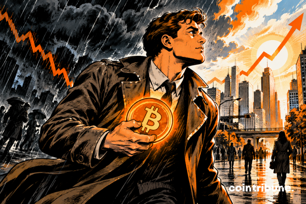 Bitcoin symbolisé par une pièce dorée tenue par un homme face à un marché passant de la baisse à la hausse