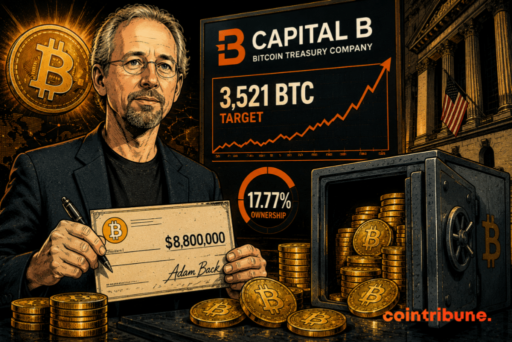 Adam Back tient un chèque devant un Bitcoin géant, un coffre rempli de pièces, des graphiques ascendants et Capital B.