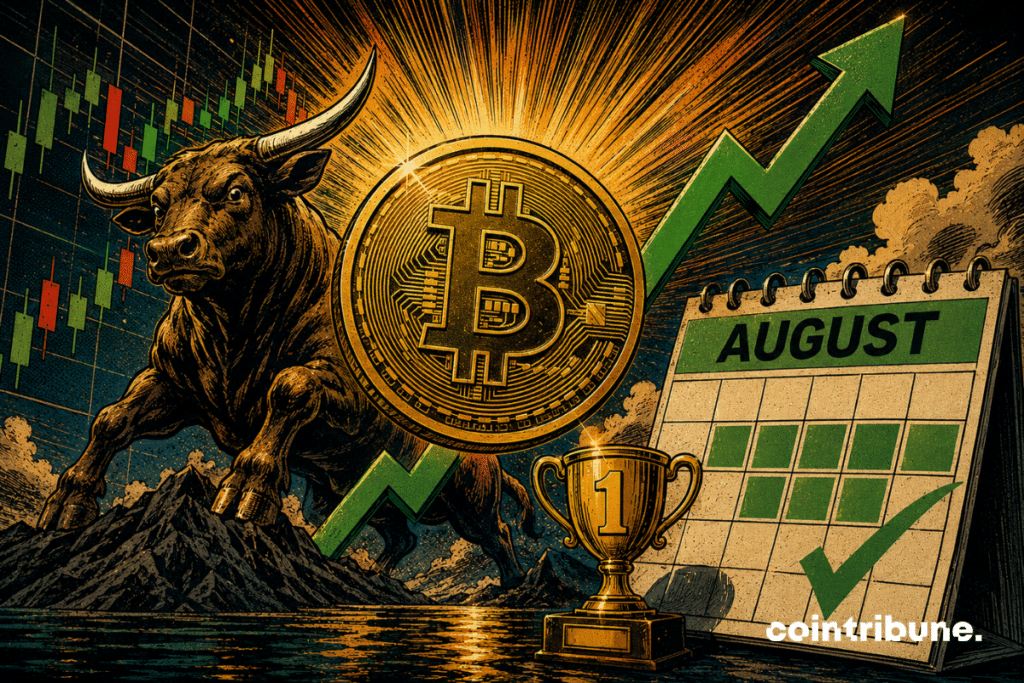 Un Bitcoin doré domine un taureau puissant, des graphiques ascendants, une flèche verte, un calendrier d’août et un trophée brillant.
