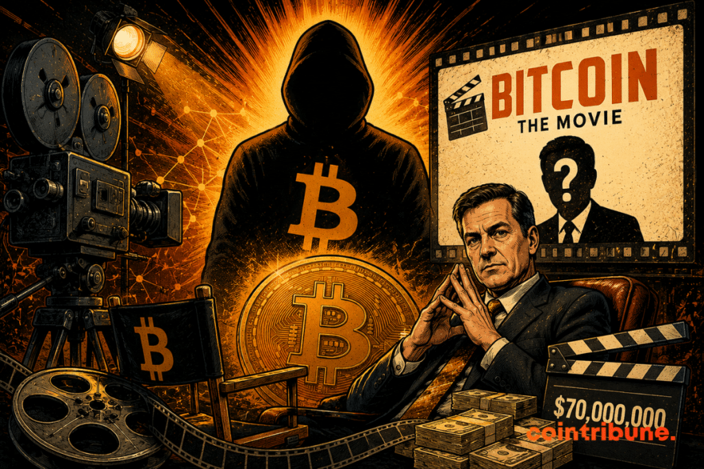 Une silhouette encapuchonnée domine un Bitcoin géant, entourée d’une caméra, bobines de film, clap, billets et homme en costume assis.