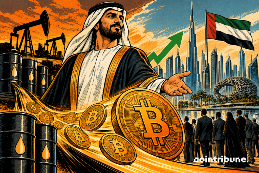 Un dirigeant émirati présente des Bitcoins jaillissant de barils de pétrole, devant Dubaï, le drapeau national et des investisseurs réunis.