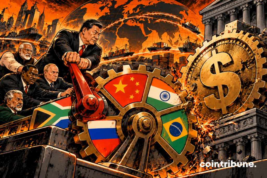 A symbolic Chinese leader in a suit occupies the foreground of a gigantic global financial machine room. He pushes with all his strength an immense red lever connected to a gigantic gear representing the BRICS. Around this gear, the colors of China, India, Brazil, Russia, and South Africa appear subtly, with no text. The mechanism attempts to rotate an enormous global financial wheel. But this wheel is still blocked by a gigantic coin representing the US dollar, jammed between the teeth of the gears. The Chinese pressure is starting to produce an effect: the American coin moves slightly, several gears begin moving again, and orange sparks fly.