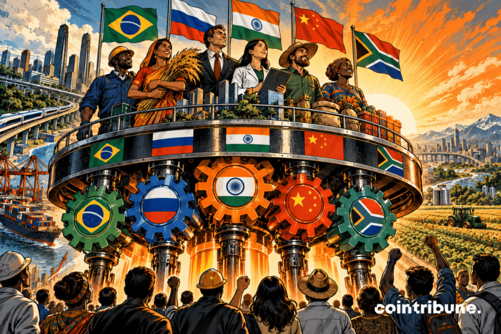Una gigantesca plataforma mecánica circular se eleva hacia el cielo, impulsada por varios engranajes interconectados con los colores de los países de los BRICS. Sobre la plataforma se encuentran personajes muy diversos: una agricultora con sus cosechas, un obrero, una empresaria, un ingeniero con un microchip y un comerciante con sus mercancías. Contemplan con asombro cómo se eleva la plataforma entera, en lugar de un solo personaje.
