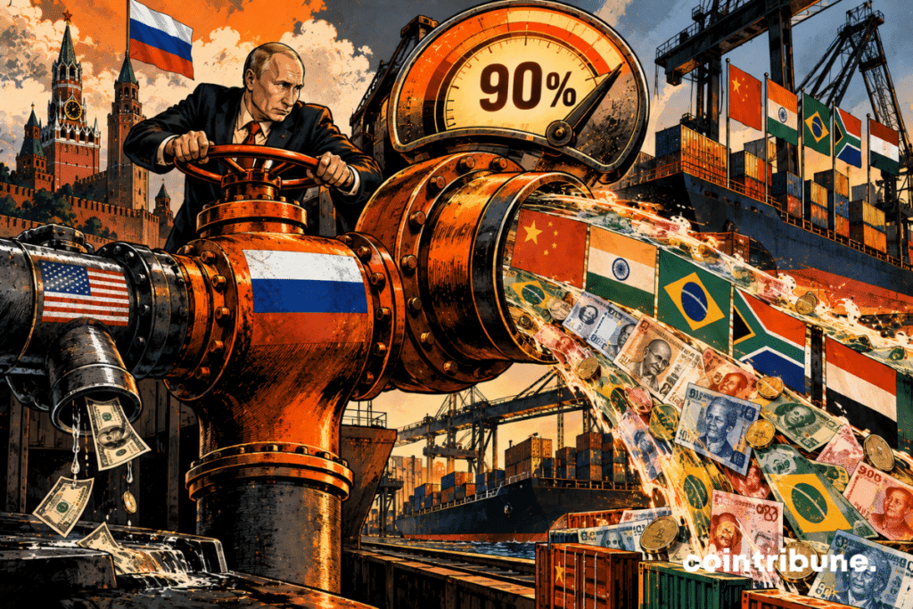 Dans un immense centre de commerce international, un responsable russe actionne avec force une gigantesque vanne mécanique contrôlant deux conduites financières. La conduite principale, désormais grande ouverte, transporte un torrent de monnaies locales vers plusieurs partenaires des BRICS représentés par les couleurs de la Chine, de l’Inde, du Brésil et d’autres pays. Une énorme jauge située au-dessus affiche uniquement 90 %. À côté, une seconde conduite associée visuellement au dollar américain ne reçoit plus qu’un petit filet.