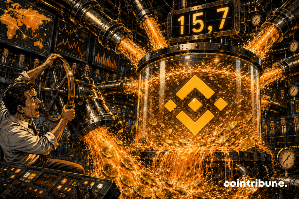 Dans une immense salle financière industrielle, un opérateur au premier plan tourne difficilement une énorme vanne tandis que plusieurs conduites déversent simultanément des torrents de capitaux vers un réservoir monumental portant le symbole géométrique de Binance. Le réservoir est presque plein et commence à déborder sous la puissance des entrées. Un compteur mécanique affiche uniquement 15,7.