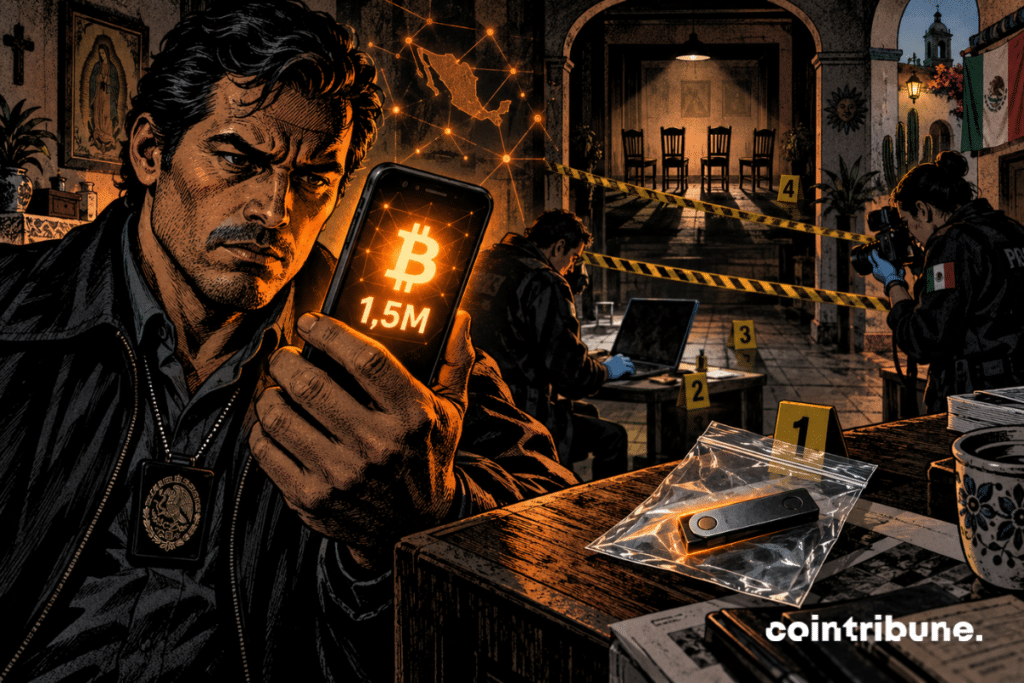 A large digital vault containing a Bitcoin is placed at the center of an investigation room.