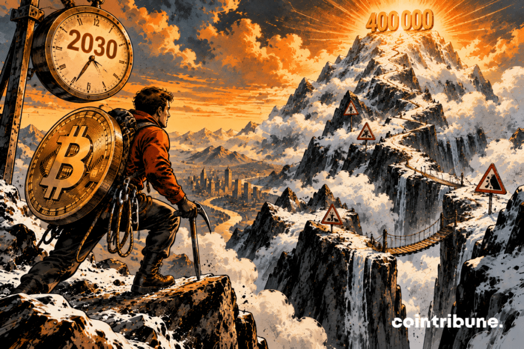 Un investisseur-alpiniste se tient sur une corniche avec une gigantesque pièce Bitcoin attachée à son équipement, regardant vers une montagne vertigineuse qui domine tout le paysage. Très loin au sommet, un énorme repère lumineux affiche uniquement 400000. Entre Bitcoin et ce sommet se dressent plusieurs falaises, gouffres et passages étroits. Dans le ciel, un grand cadran mécanique futuriste indique 2030, comme une échéance qui se rapproche.