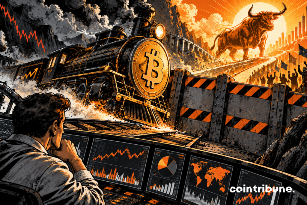 Un gigantesque Bitcoin personnifié comme une puissante locomotive fonce sur des rails ascendants vers une énorme barrière métallique qui traverse toute la voie. La locomotive est capturée quelques mètres avant l’impact. Derrière la barrière apparaît un immense taureau mécanique, baigné d’une lumière orange éclatante, prêt à bondir vers le haut. Au premier plan, un analyste quantitatif regarde la scène depuis une tour de contrôle, les yeux rivés sur plusieurs cadrans et graphiques abstraits sans texte.