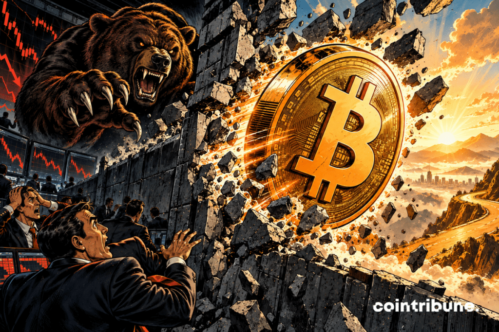 Un gigantesque Bitcoin métallique lancé à pleine vitesse vient de traverser une énorme muraille sombre qui bloquait son ascension. Au premier plan, plusieurs traders regardent l’explosion du mur avec stupéfaction. Derrière la muraille, un immense ours menaçant tente encore d’attraper Bitcoin avec sa patte. Le Bitcoin occupe environ les deux tiers de l’image, suspendu dans les airs au moment précis où il franchit l’obstacle.
