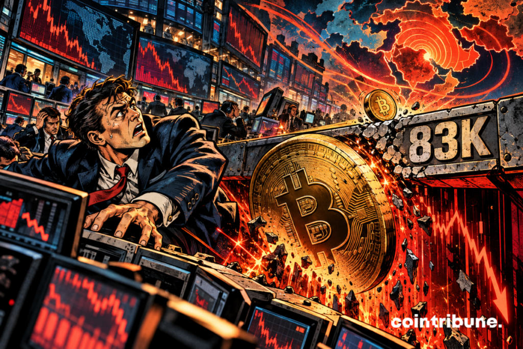 Un Bitcoin chute sous le seuil des 83K dans une salle de marché crypto secouée par les tensions géopolitiques.