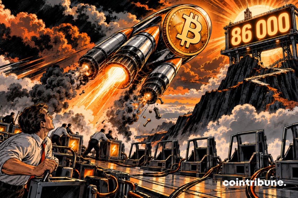 Une gigantesque fusée dont la tête prend la forme d’un Bitcoin monte en diagonale vers une plateforme lumineuse portant uniquement 86000. Bitcoin occupe environ les deux tiers de l’image et semble avancer avec énormément de puissance. Mais sous la fusée, le contraste apparaît : sur plusieurs énormes moteurs, un seul produit une flamme orange puissante, tandis que les autres crachotent, produisent de la fumée ou commencent à s’éteindre. Au sol, seulement quelques traders tentent frénétiquement d’alimenter les moteurs avec des blocs d’énergie, alors qu’une grande partie des postes d’acheteurs reste vide.