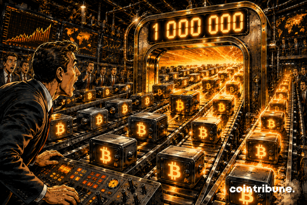Dans une immense salle de tri blockchain rétrofuturiste. Des centaines de petits coffres numériques portant le symbole Bitcoin avancent à grande vitesse sur plusieurs tapis roulants. Au centre se trouve une gigantesque arche mécanique affichant uniquement 1000000. Les coffres qui la franchissent sont immédiatement illuminés d’un puissant halo orange. Un analyste au premier plan regarde la multiplication des passages avec stupéfaction.