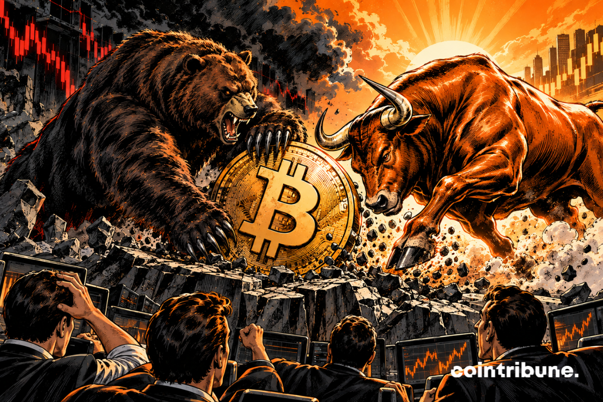 A gigantic Bitcoin coin occupies the center of the image, resting on a cracked financial platform. On the left, a colossal black bear still keeps a claw on Bitcoin, baring its fangs and refusing to let go. On the right, a massive bull abruptly surges from a cloud of orange dust. It charges toward the bear with its head down and horns forward. Bitcoin sits exactly between the two animals and is beginning to rise slightly under the impulse of the bull. In the foreground, several traders watch the confrontation with expressions blending surprise, fear, and excitement.