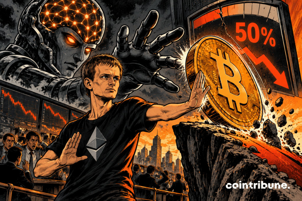 Vitalik Buterin se tient au premier plan devant un gigantesque Bitcoin doré qui plonge vers une pente descendante spectaculaire. Il tend fermement une main vers le Bitcoin, comme pour stopper sa chute, avec une expression calme et sceptique. Derrière lui, un immense cerveau artificiel lumineux projette une ombre menaçante sur la scène. Une grande jauge mécanique indique 50 %, tandis qu’une aiguille est bloquée avant d’atteindre la zone de panique.