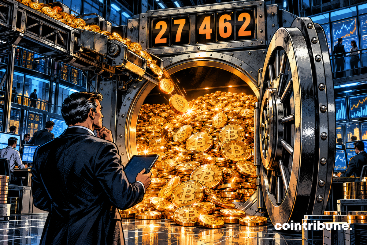 Un coffre de trésorerie crypto déborde de Bitcoin sous un compteur affichant 27 462.