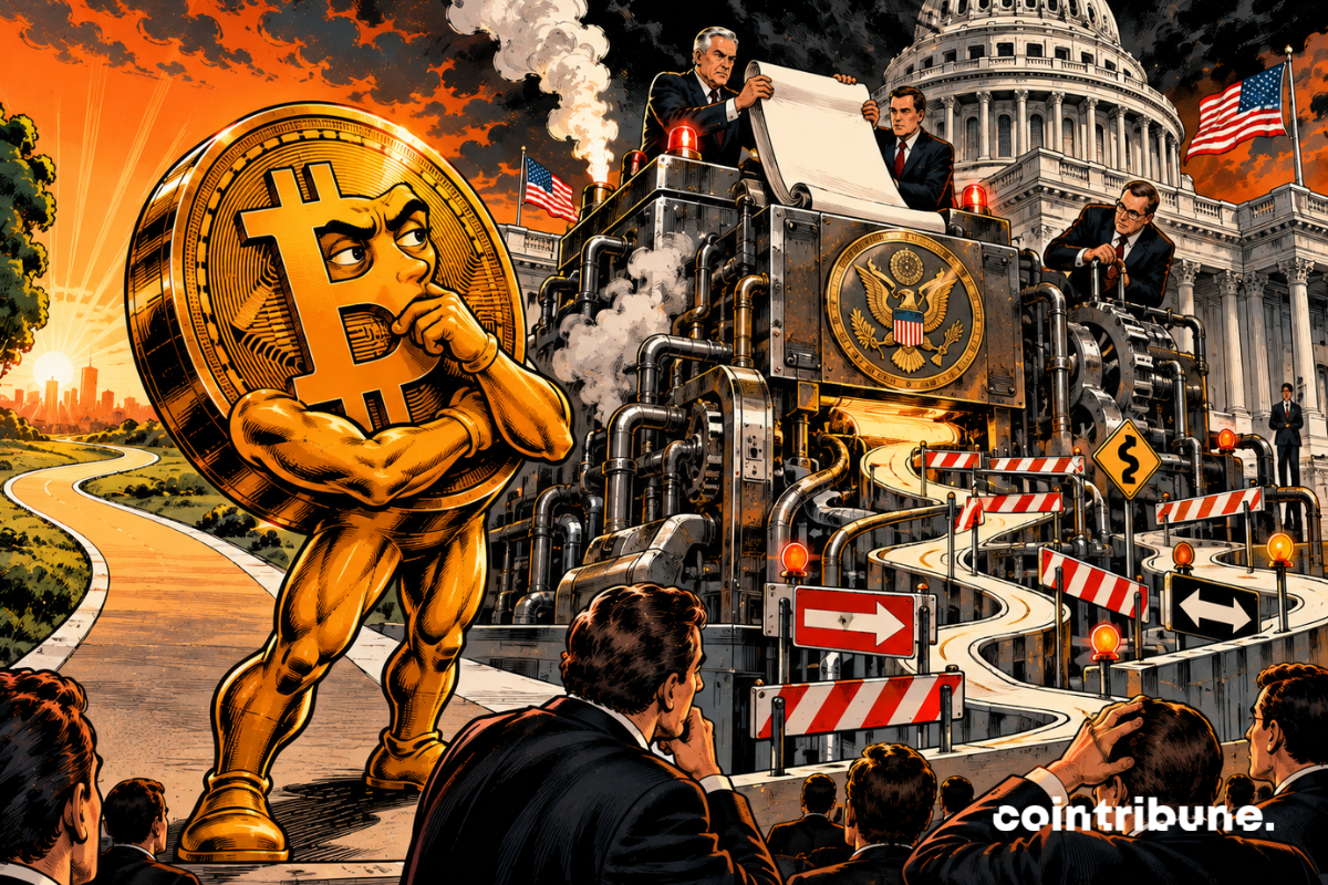 Une gigantesque pièce Bitcoin personnifiée occupe environ les deux tiers de l’image, debout devant une imposante machine réglementaire installée sur les marches du Capitole américain. Plusieurs responsables politiques introduisent dans la machine un document législatif vierge. De l’autre côté, la machine produit une route supposément plus claire pour Bitcoin… mais celle-ci est tellement encombrée d’engrenages, barrières, tuyaux et mécanismes qu’elle paraît presque plus compliquée qu’avant. Le Bitcoin croise les bras et regarde la machine avec un sourcil relevé, expression franchement dubitative.
